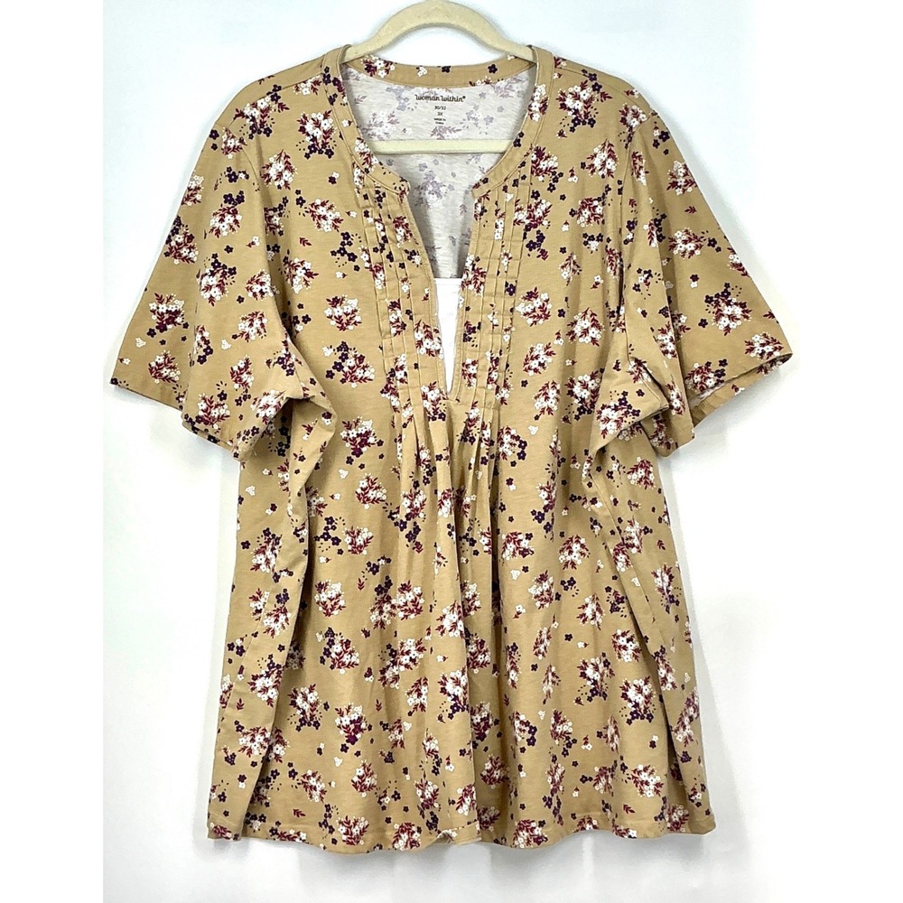 Woman Within Tan Floral Pintuck‎ Split Neck Short Sleeve Boho Cottagecore Top 3X